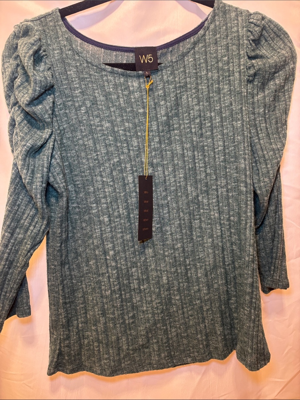 W5 Women's Teal Ribbed Puff-Sleeve Long Sleeve Top